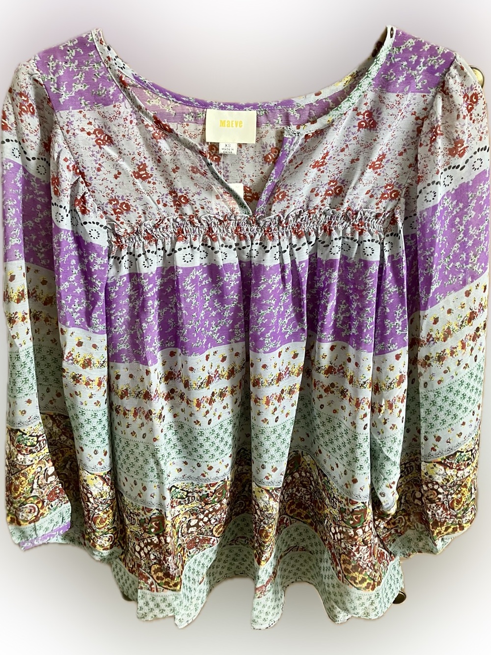 Maeve Lavender, Mint & Brown Striped Floral Peasant Top